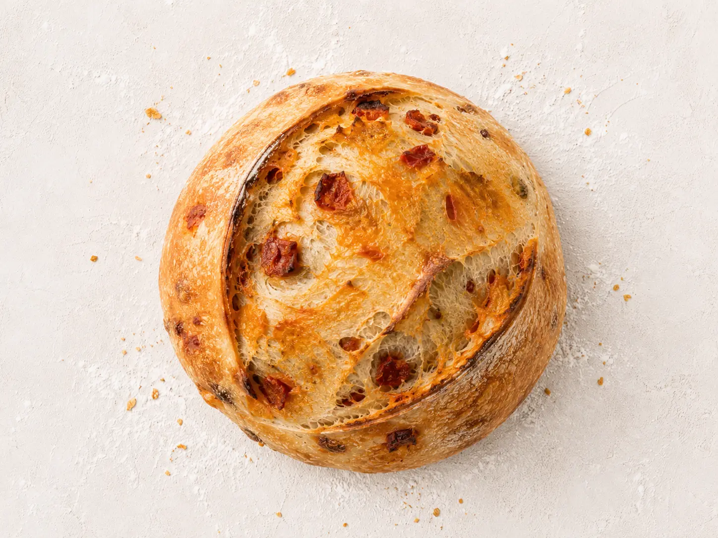 Sun-dried Tomato Cheddar loaf, viewed from above