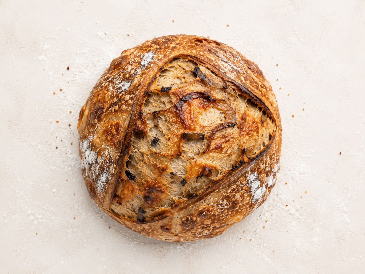 Caramelised Onion Parmesan loaf, viewed from above