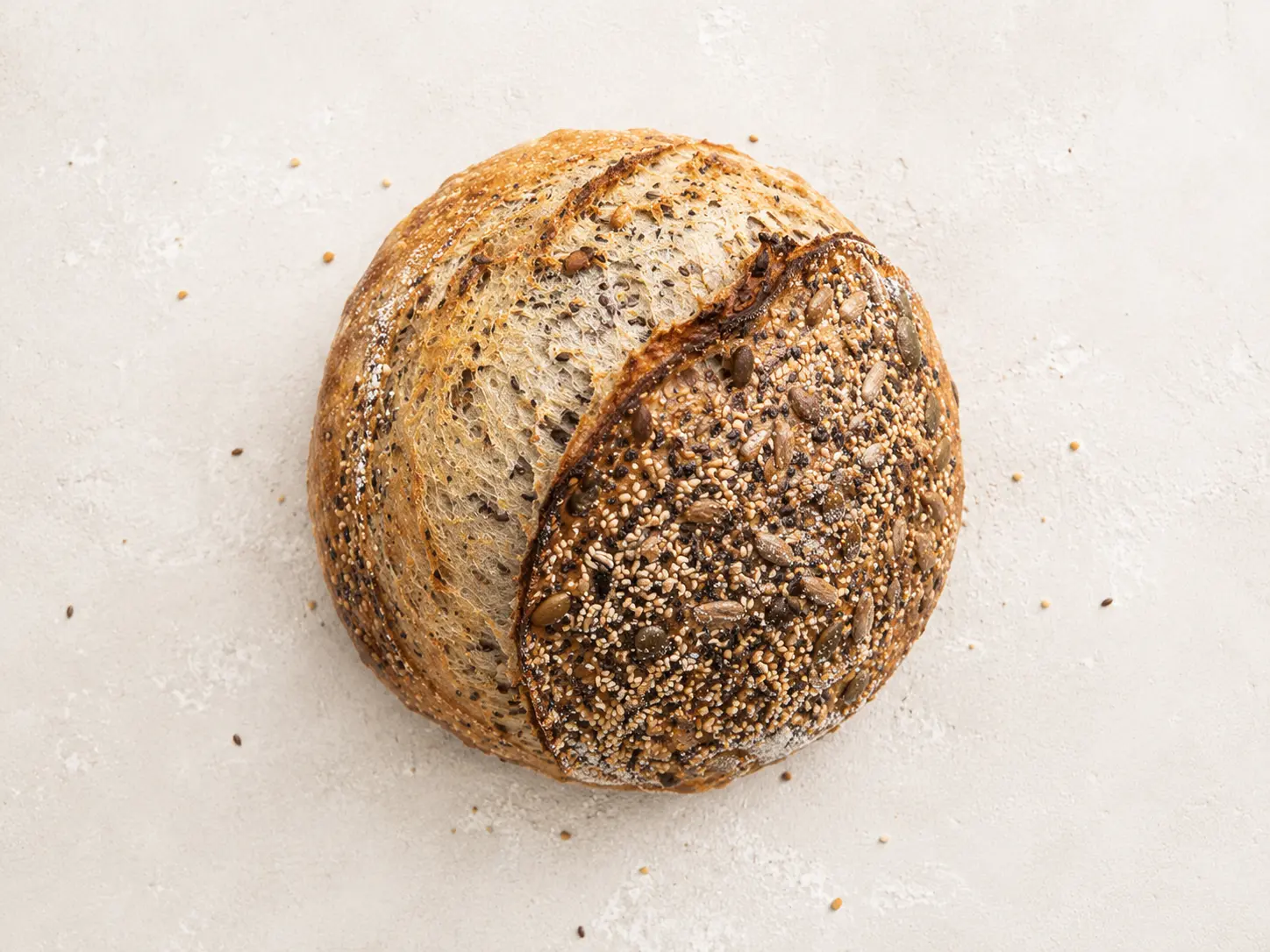 Seeded Sourdough loaf, viewed from above